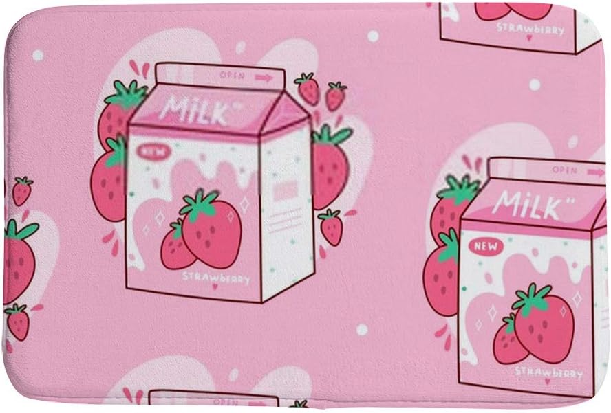 Bath Mat Small Area Rug Carpet Doormat Floor Rug Bathroom Rug ﻿Carton of Strawberry Milk Kawaii Anime Cartoon Pink Coral Fleece Non-Slip Water Absorption Home Decor 23.6×15.7 Inch