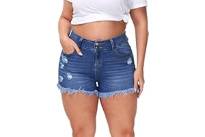 ALLEGRACE Sexy Plus Size Denim Shorts Women Distressed High Waist Shorts with Pockets