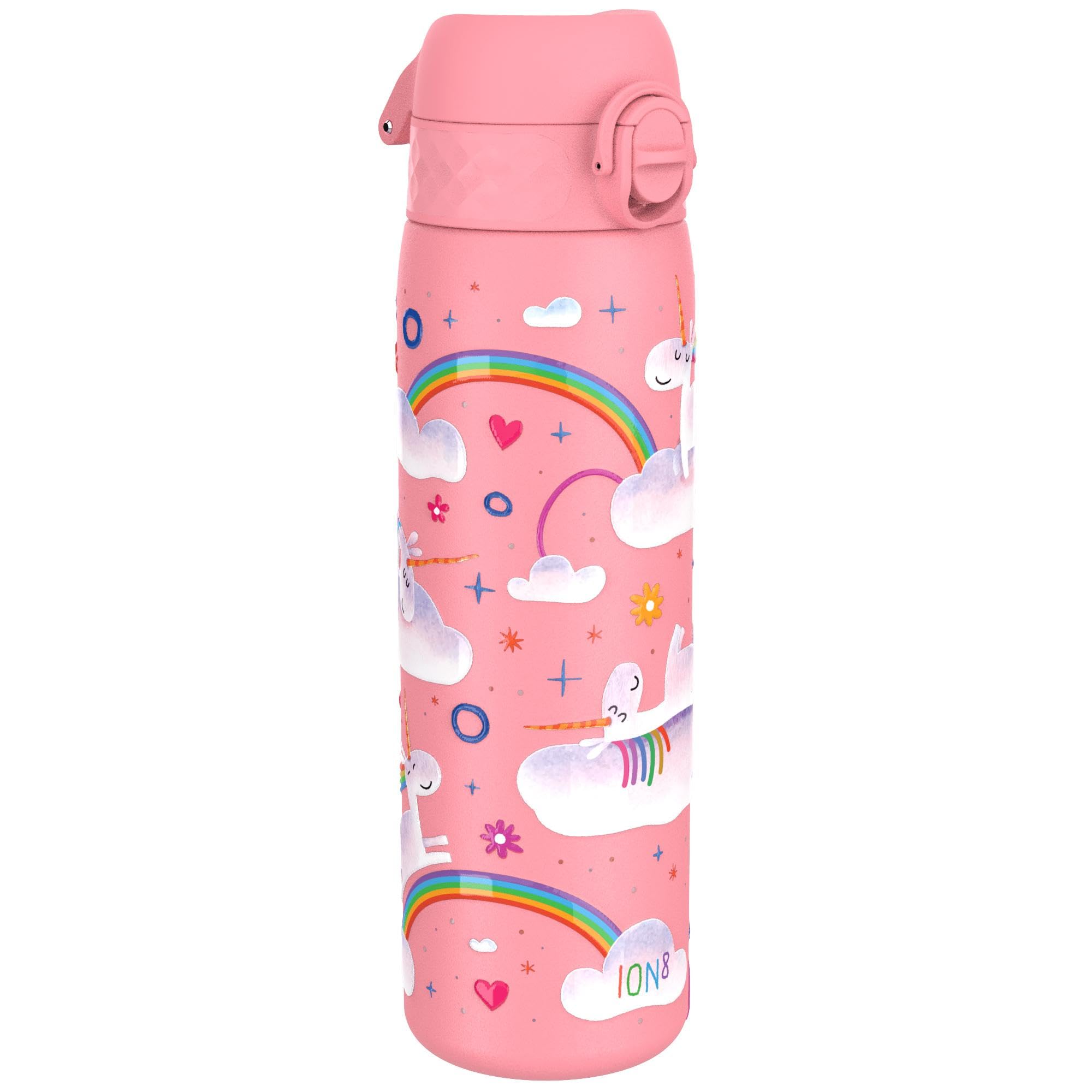 ION8 Lightweight Steel Water Bottle, 600 ml/20oz, Non-Insulated, Leak Proof, Easy to Open, Secure Lock, Dishwasher Safe, Flip Cover, Fits Cup Holders, Carry Handle, Metal Water Bottle,Unicorn Rainbows