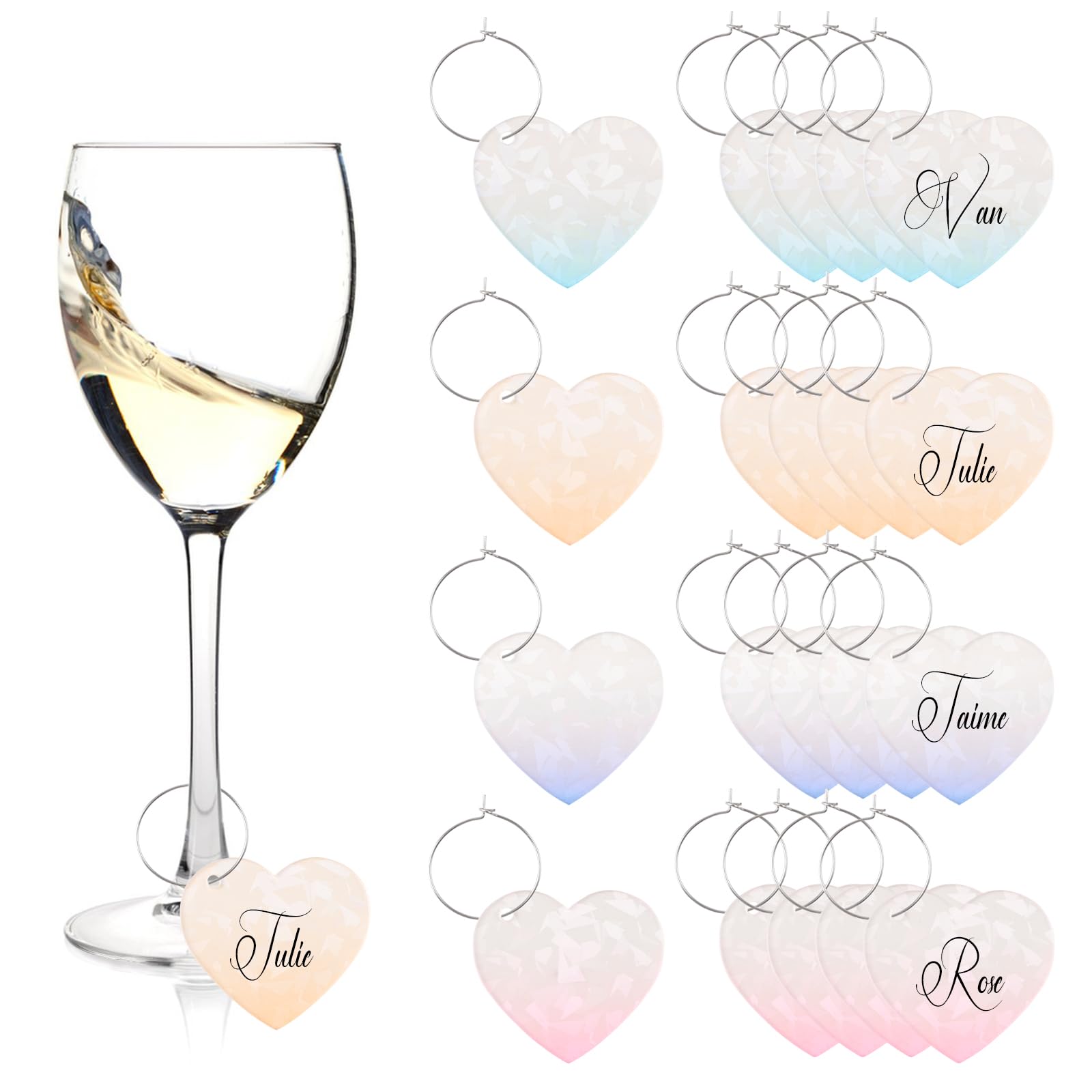 URROMA 20Pcs Heart pattern Acrylic Wine Glass Charms Gradient Colors Wedding Drink Identifiers Wine Glass Accessories Cup Markers for Party Favors