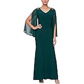 S.L. Fashions Women's Long Stretch Knit Embelished Cold Shoulder Ruched Gown