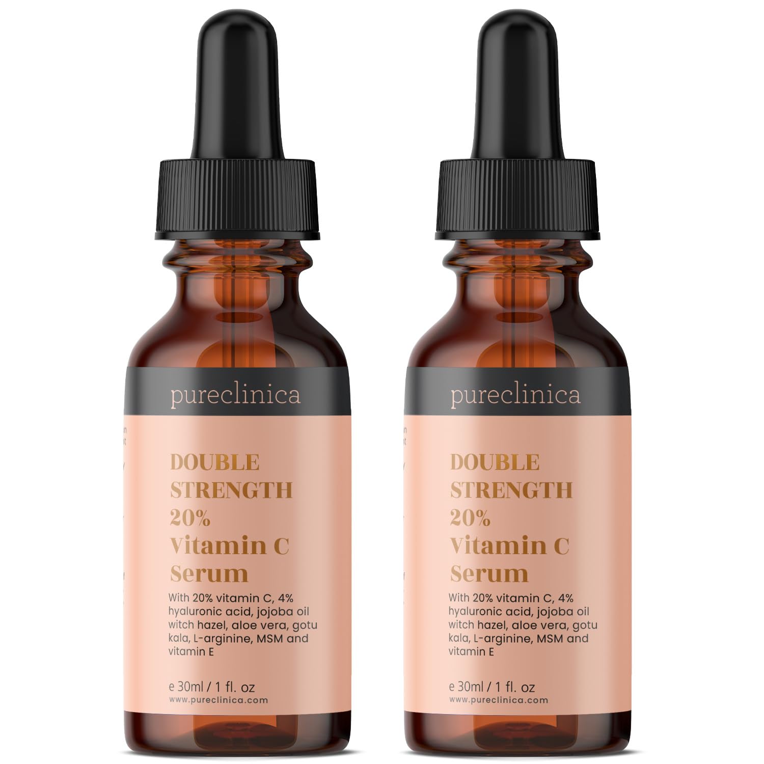 2 Bottles Of 20% Vitamin C Serum (with 4% HA, 2.5% L-Arginine, 2.5% Vitamin E, & 1% Ferulic Acid) - 30ml / 1 fl oz