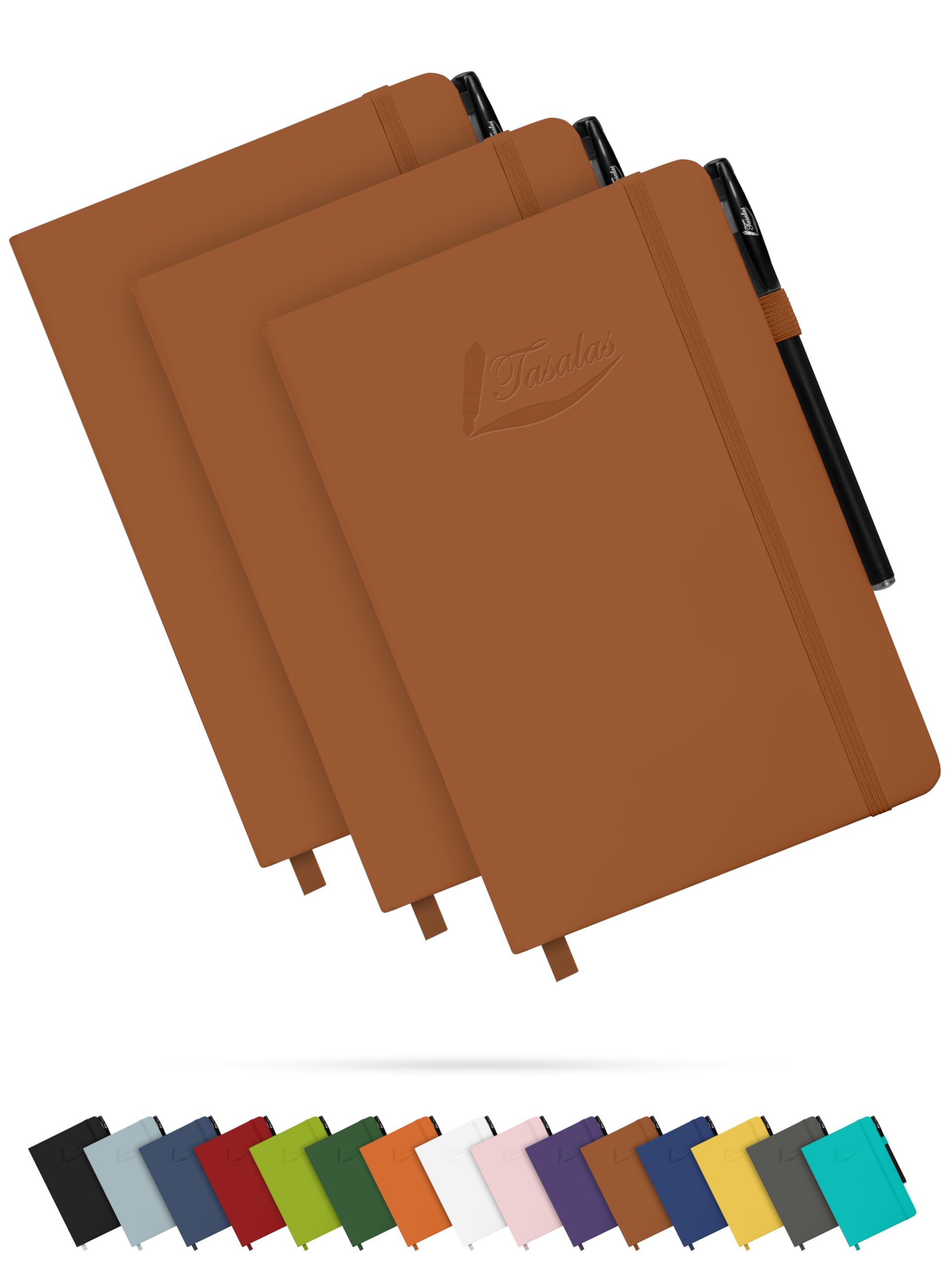 Tasalas A5 Notebooks 3 Pack with Pen - 200 Lined Pages Journal Notepads, 80 GSM, Brown Notebooks A5, Soft Cover, Elastic Loop, Pen Holder, Expandable Pocket - Note Books for Note-Taking