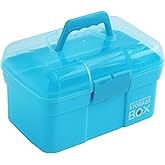 Kinsorcai 11'' Plastic Storage Box with Removable Tray, Multipurpose Organizer and Storage Case for Art Craft and Cosmetic (Blue)