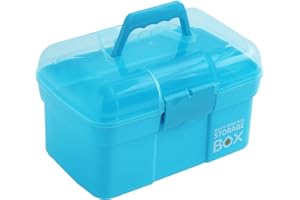 Kinsorcai 11'' Plastic Storage Box with Removable Tray, Multipurpose Organizer and Storage Case for Art Craft and Cosmetic (Blue)