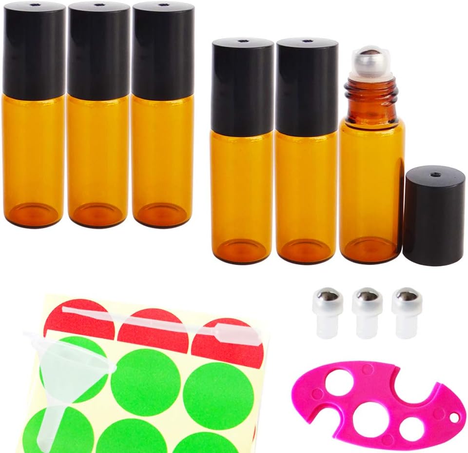 GreatforU 6pcs 5ml Amber Empty Glass Roller Bottles, Refillable Cosmetic Containers for Essential Oil Blends Perfume, w/FREE 0.5ml Dropper, Mini Funnel, Key Opener, Extra 3 Roll-on Balls, 12 Labels