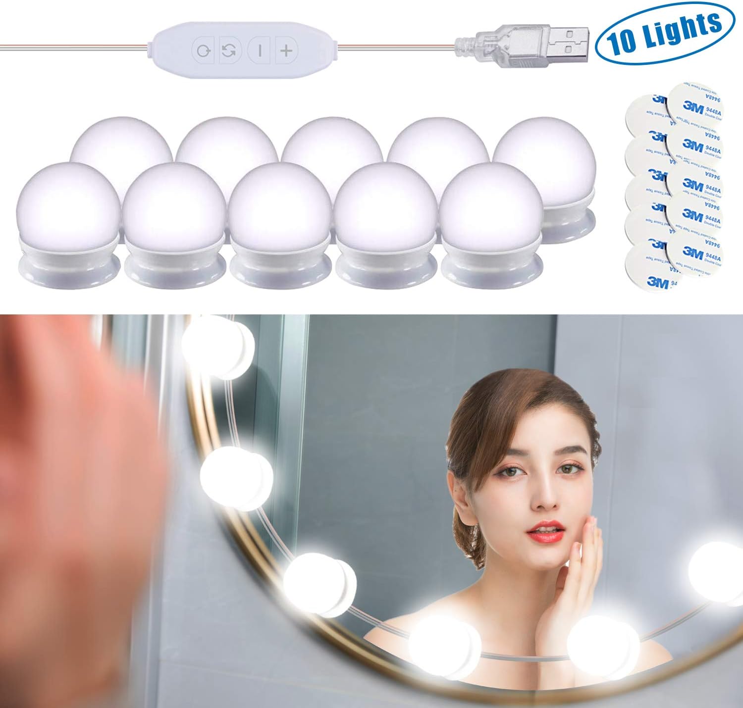 Mirror Lights, Hollywood Style LED Vanity Mirror Lights Kit with 10 Dimmable Bulbs, USB Cable Vanity Lights for Mirror with 3 Color Modes & 10 Adjustable Brightness (Mirror & USB Charger Not Include): Home Improvement