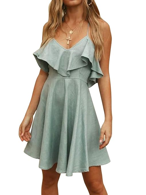Yidarton Sommerkleid Damen Strandkleider Ärmellos Kleider Swing Kleid Casual V Ausschnitt Rüschen Spaghetti Kleid Cocktailkle