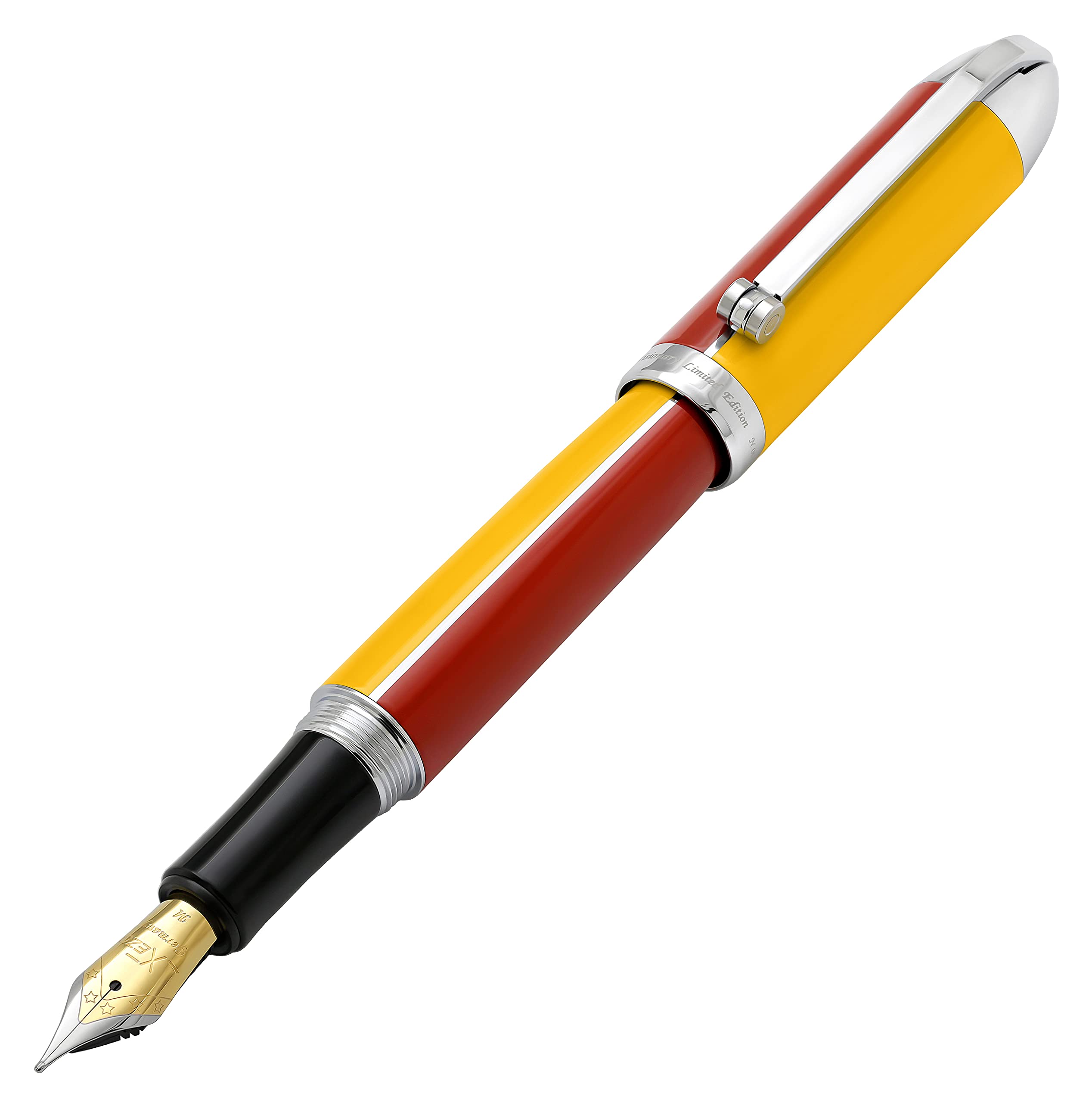 Xezo Visionary Brass and Aluminum Fountain Pen, Medium Nib. Hand-Lacquered in Aspen Yellow and Red. Numbered in Limited Edition of 500. Classic Art Deco Color Disposition, Retrofuturistic Body Style