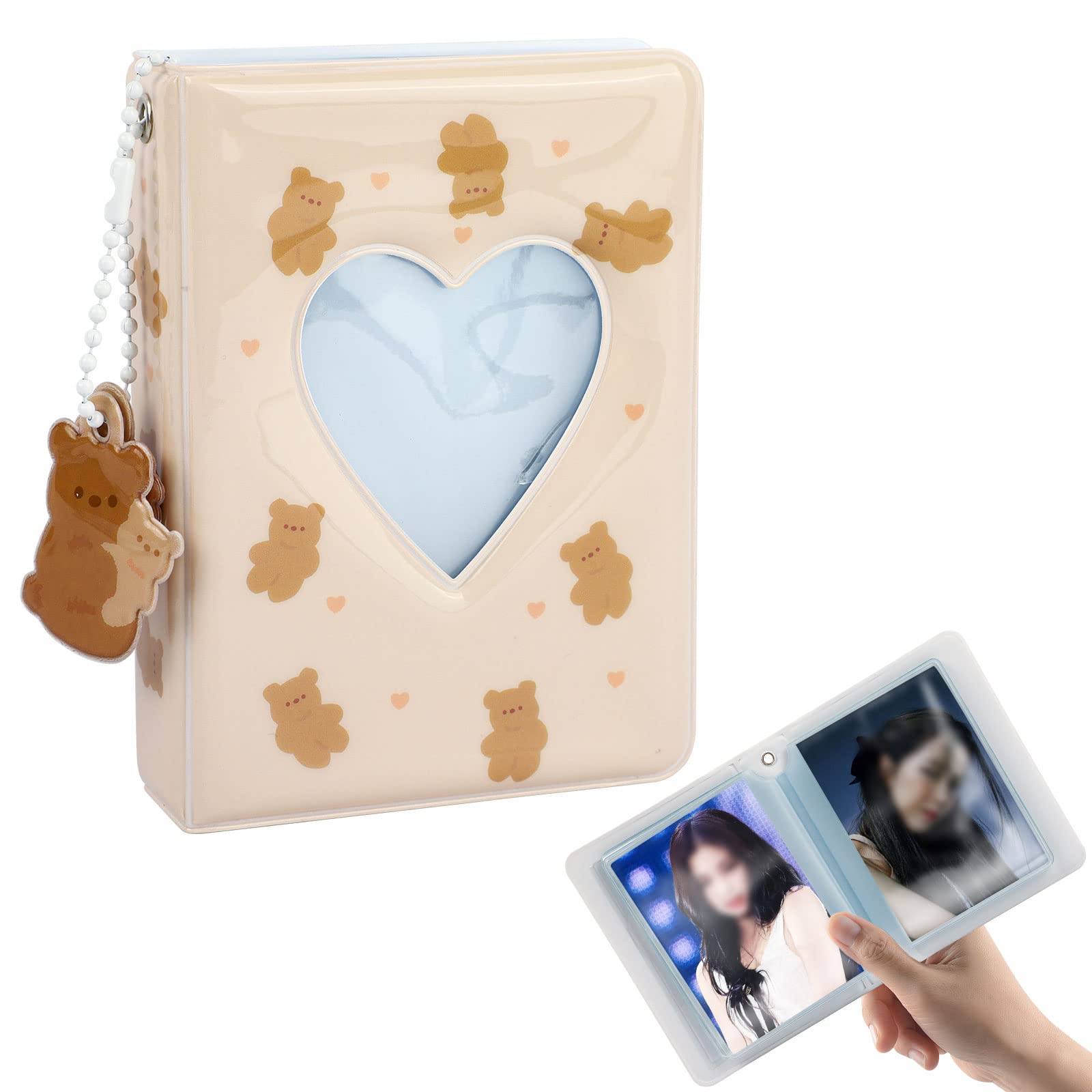40 Pockets Photo Binder Album, Kpop Mini Photocard Holder Book with Lovely Pendant, Heart Hollow Cute Squirrel or Cat Pattern for Photo Picture Collection (Light Brown)