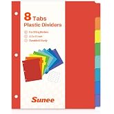 SUNEE 8 Tab Binder Dividers,Plastic Dividers for 3 Ring Binder,3 Ring Binder Dividers with Tabs for School Office Home Supplies,Bright Color, 1 Set