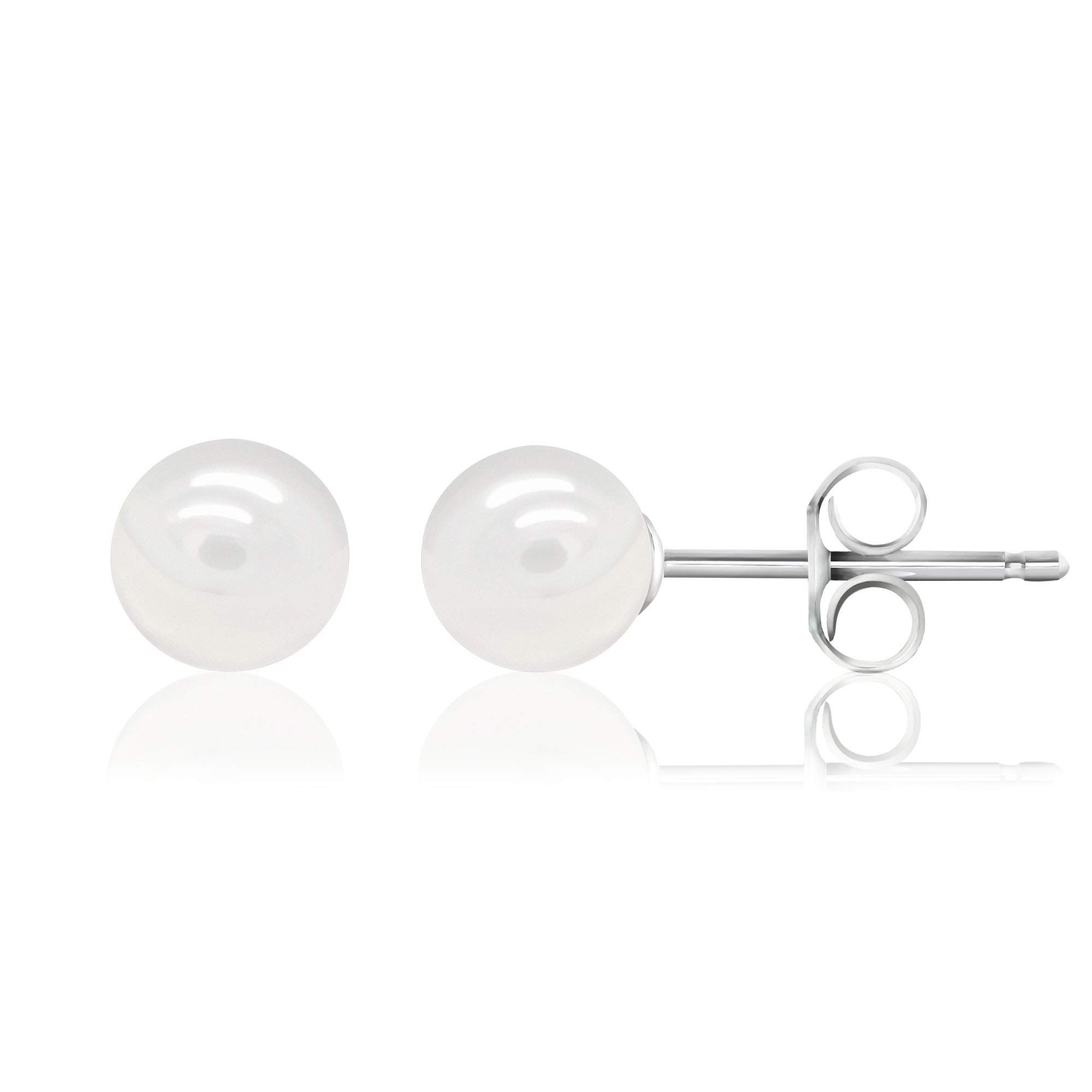 White Smooth Round Shell Base Imitation Pearl Rhodium-Plated 925 Sterling Silver Stud Earrings, 7mm