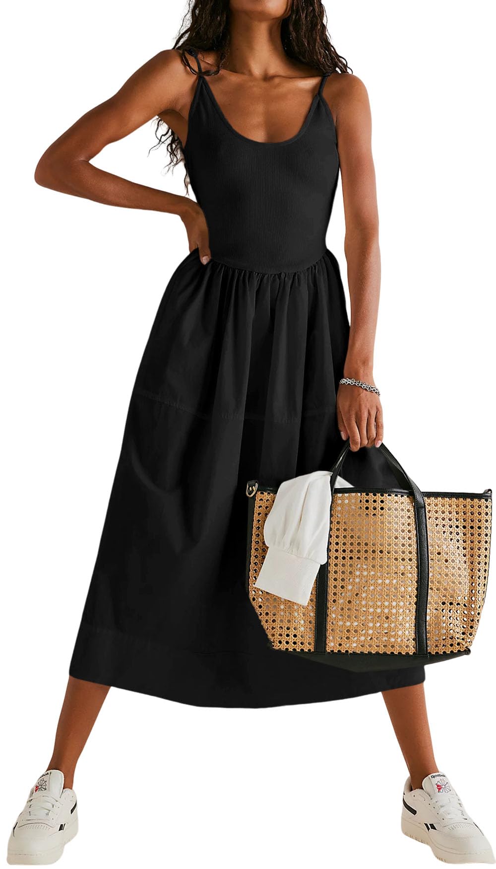 Fisoew Women's V-Neck Backless Spaghetti Strap Dress - Summer A-Line Midi With Pockets - View #7