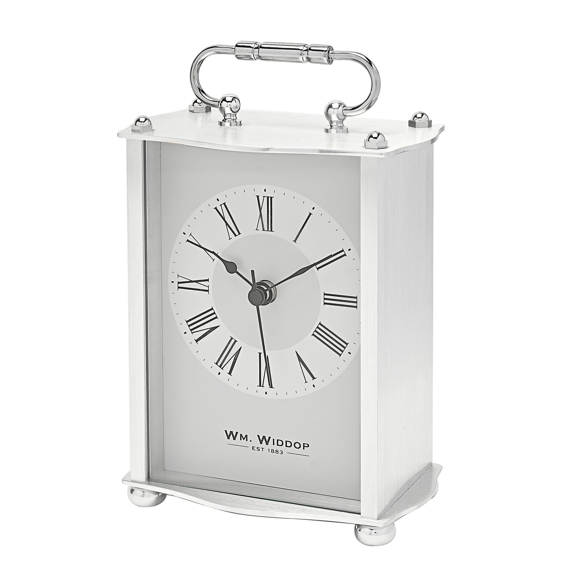 Widdop Carriage Clock in Aluminium Casing with Roman Numeral Dial & Classic Spade Clock Hands (Silver)