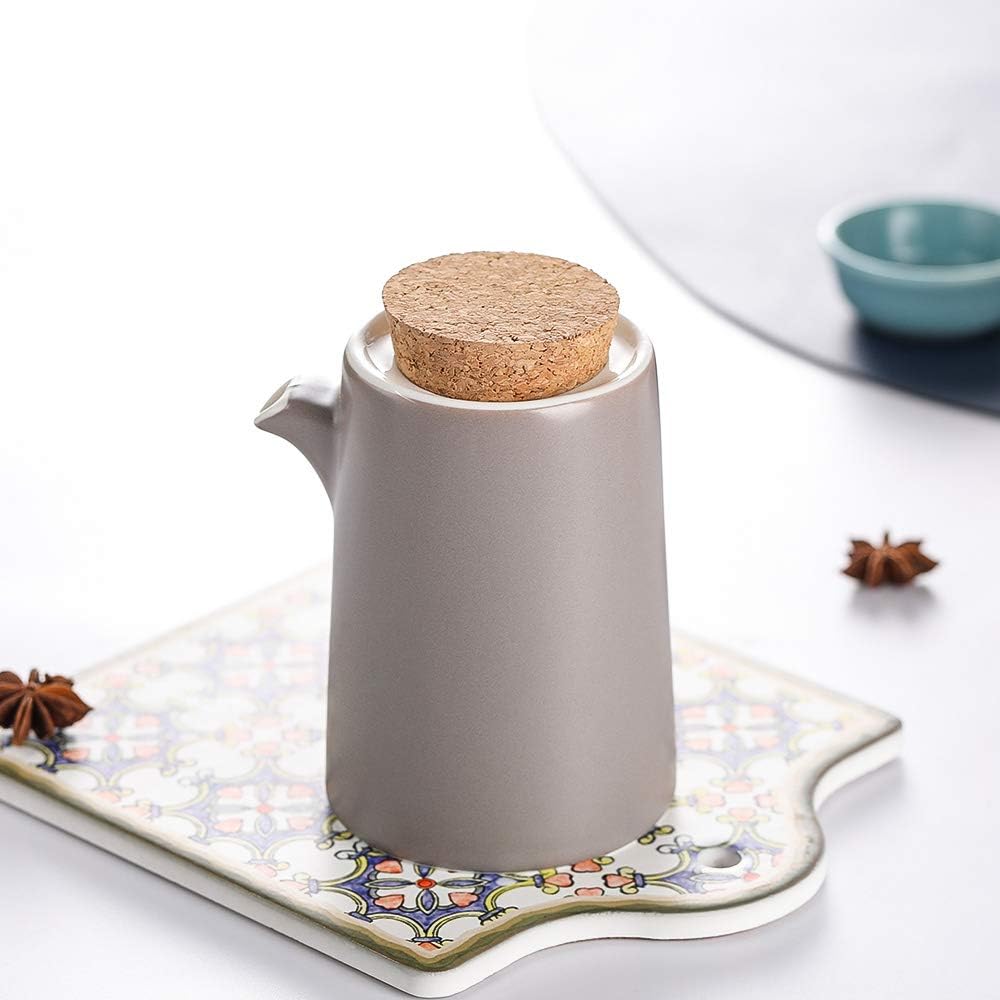 Grey small Ceramics Oil Dispenser Bottle, Ceramic Soy Sauce Dispenser Bottle with Cork Stopper, Olive Oil/Soy Sauce/Vinegar Cruet, Liquid Condiment Dispenser for Kitchen Cooking(300ml, 10oz): Kitchen & Dining