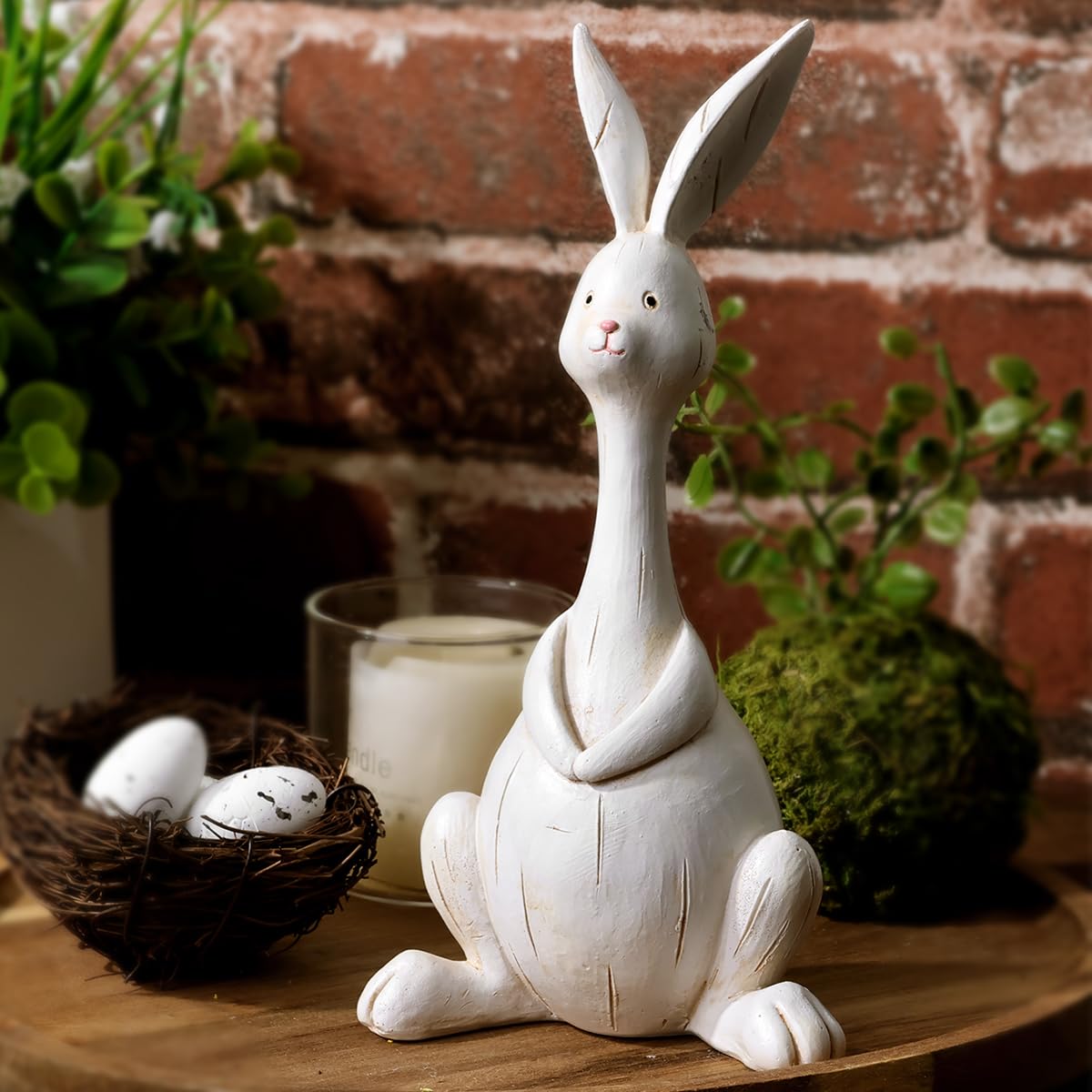Pawliss Easter Decorations Bunny Decor: White Resin Rustic Rabbit Figurine with Long Neck Big Belly, Vintage Easter Bunny Statue for Spring Easter Home Office Table Decor, Party Supplies Gifts