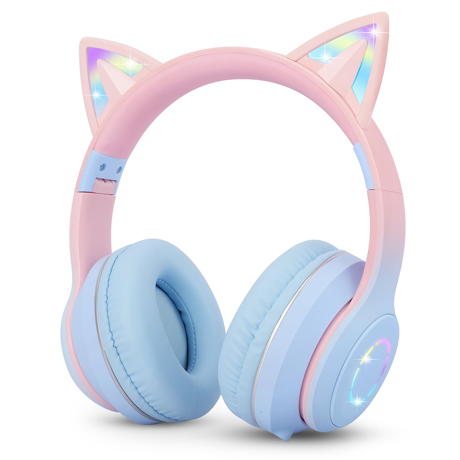 Sendowtek Kids Wireless Headphones, Over Ear Cat Earphone with Flashing Lights Built-in Mic Cute Bluetooth Headphones for Girls Adults Travel Plane