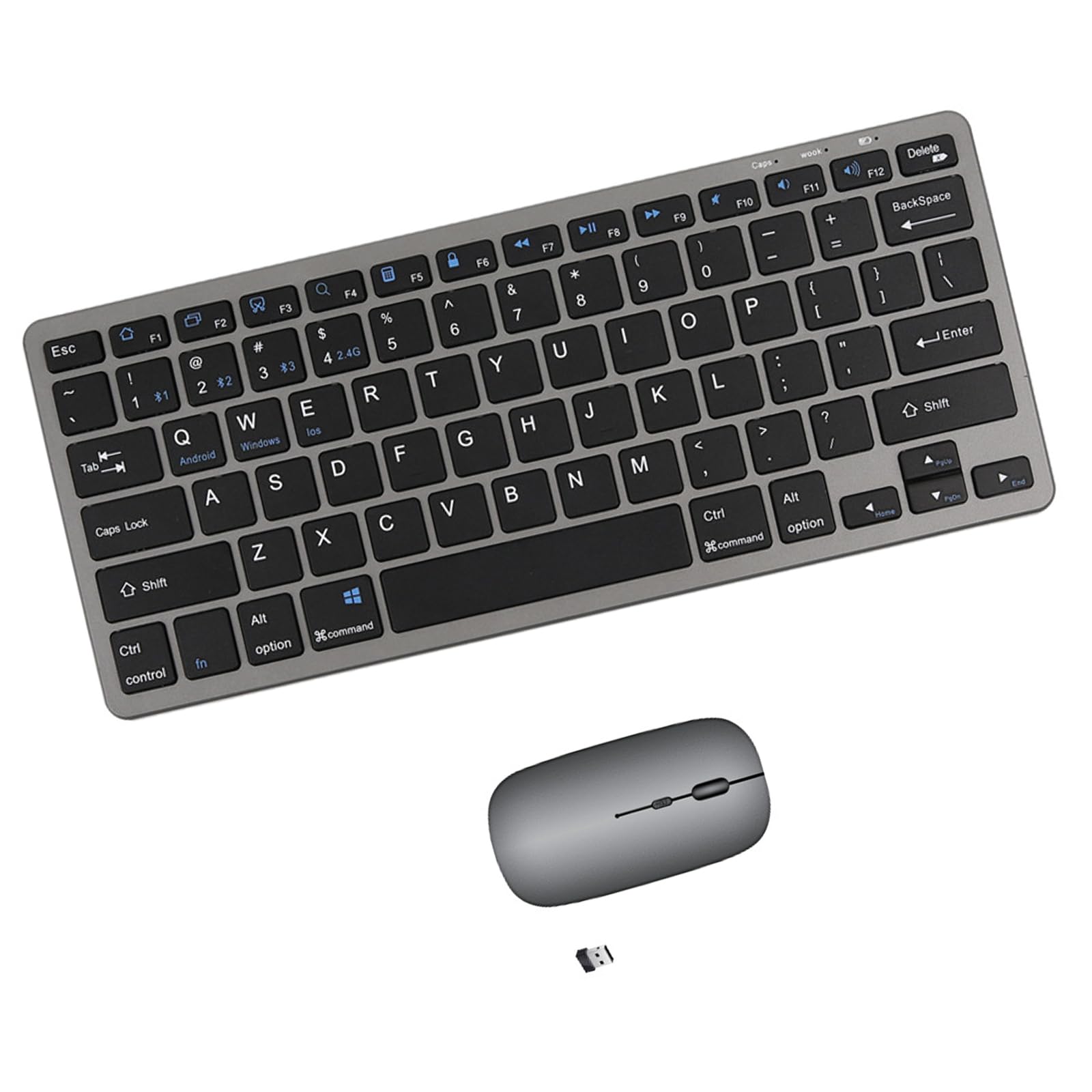 Photo 1 of Portable mini Wireless Keyboard and Mouse Combo, Bluetooth 3.0/5.0/2.4G, Multi-Device pc,Laptop,Phone,Windows,iOS,Android Compatible, Rechargeable,78KEY,11.2inch Length (Gray)