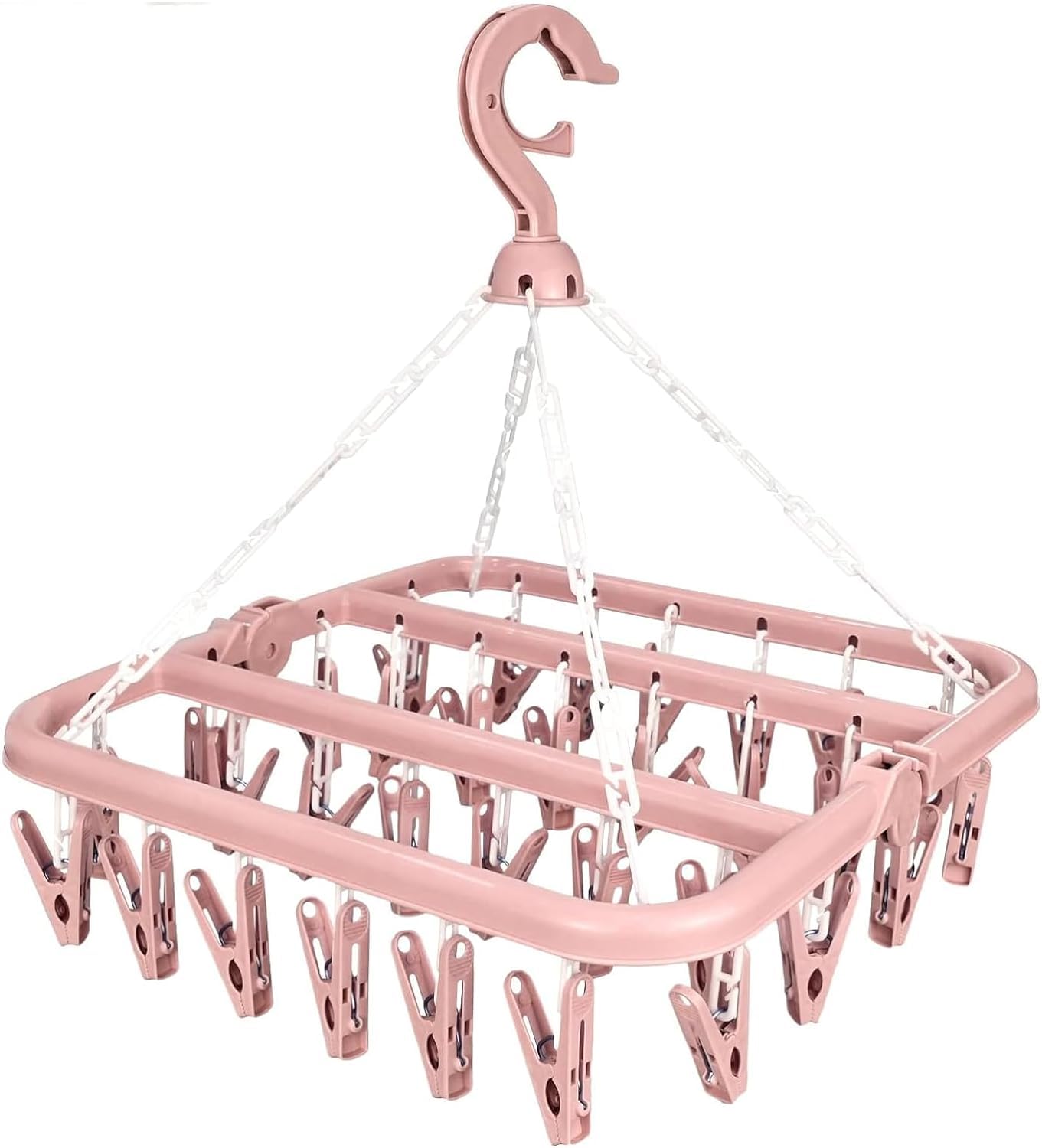 Clothes Drying Hanger with 32 Clips and Drip Foldable Hanging Sock Rack，Multifunction clothes drying rack，Rotary Wind-sock hanger for washing line，for Socks, Underwear, Bras, Baby Clothes (Pink)