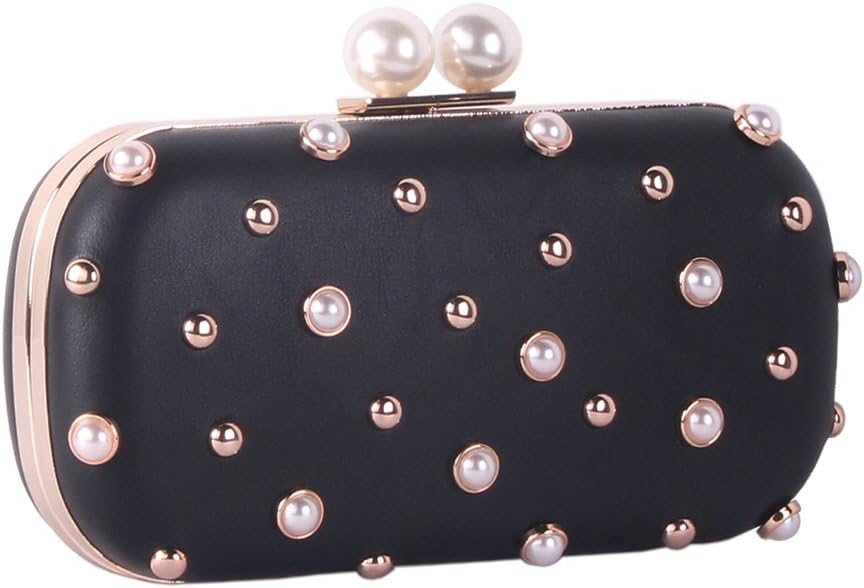 Women Pearls and Studs Evening Clutch Purse Handbag with Gold Metal Fittings For Party