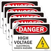 Danger High Voltage Sign 5 Pack, Electrical Shock Hazard Warning Sticker, 10X7 inches, Weatherproof, Indoor or Outdoor Use