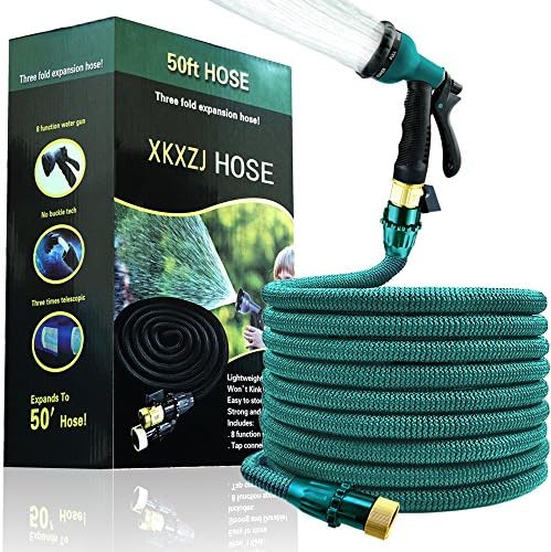 XKXZJ 50ft Garden Water Hose Pipe New 2018 Upgrade Expandable Water Hose with Double Latex Core, 3/4" Solid Brass Fittings, Metal 8 Function Spray Nozzle, Extra Strength Fabric - Flexible Expa (Blue)