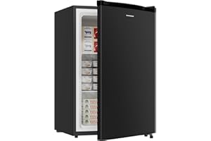 BANGSON 3.0 Cu.ft Compact Upright Freezer, Energy-Saving Mini Freezer with Adjustable Thermostat, Removable Shelves, Reversible Black Door, Ideal for Dorm/Office/Apartment, Black