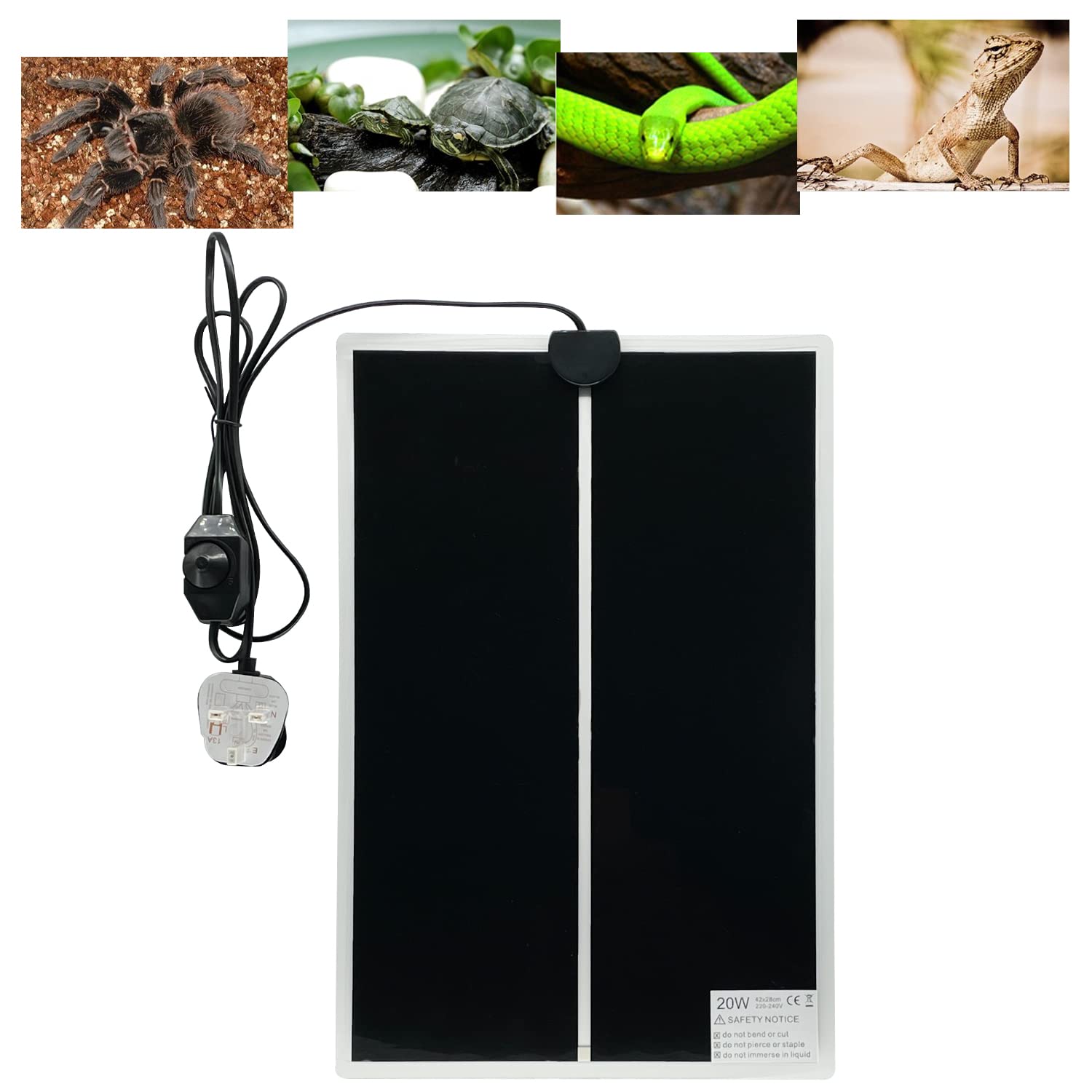 FIPASEN Reptile Heating Mat, Reptile Heating Pad with Temperature Adjustment for Reptiles Tortoise Snakes Lizard Gecko Hermit Crab Turtle Amphibians - Removable Terrarium Heat Mats(20W,16.5x11 inches)