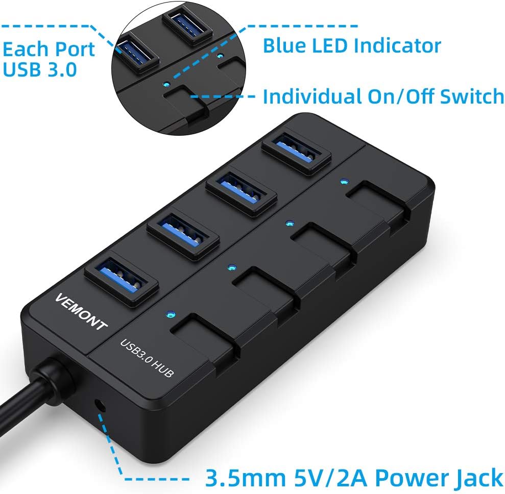 Powered USB Hub 3.0,VEMONT 4 ports USB Hub with 5V/3A Power Supply,Superspeed 5Gbps USB Splitter with Individual on/off LED Switches and 3.9ft/1.2m Long Cable for PC/Laptops/Ultrabooks/Desktops - Image 4