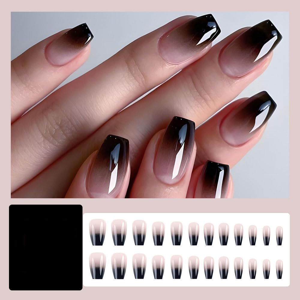 24 Pcs Black White Ombre Press on Nails Short Square - MINGCHUN Summer Fake Nails Press ons Nails Tips Design Full Cover French False Nails Glue on Nails Stick on Nails Acrylic Nail Art DIY for Women - Image 2