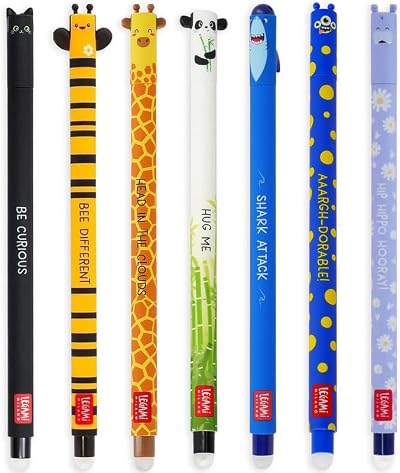 LEGAMI Set of 7 Erasable Gel Pens Thermosensitive Ink 0.7mm Cat Bee Monster