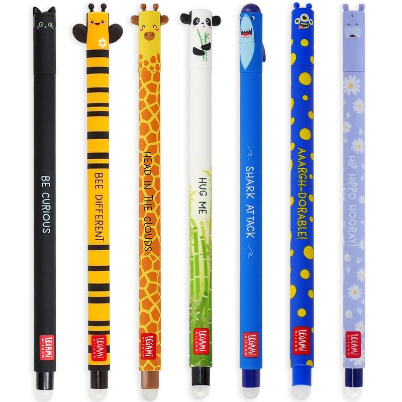 Legami Set mit 7 radierbaren Gelstiften mit thermoempfindlicher Radiertinte, verschiedene Tintenfarben und Schaftdesigns, 0,7 mm Spitze, Designs: Katze, Biene, Corgi, Giraffe, Panda, Hai, Nilpferd