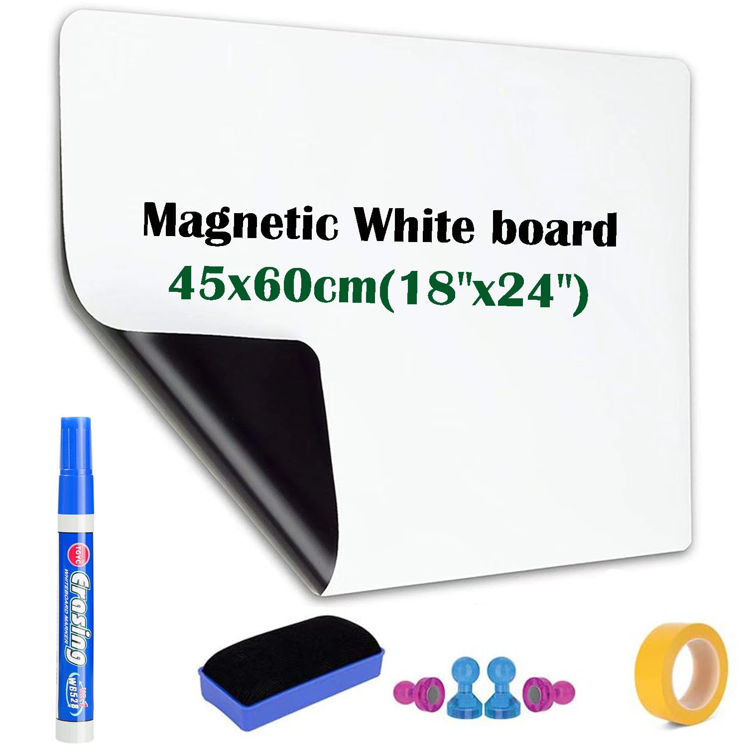 Homvik 45x100cm Magnetic Whiteboard Dry Wipe Whiteboard for Wall with Marker Reminder Board with 4 Push Pin Magnets Eraser Magnetic&Washi Tape - White