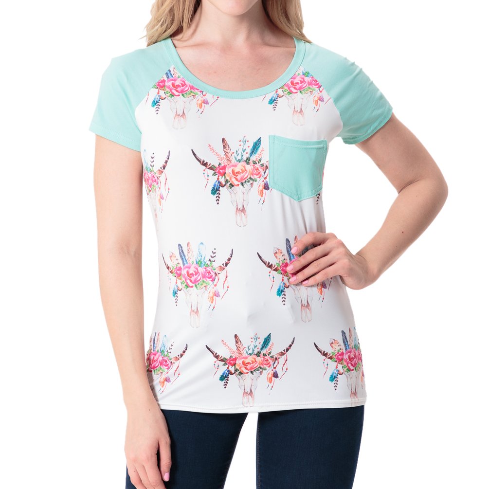 ENJOYNIGHT Women Casual Floral Printed Tops Blouse Short Sleeve T Shirt With Pocket (Large, Light Green)