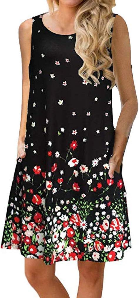 Womens Summer Floral Print Sleeveless Sundress/Short Sleeve Pockets Casual Loose Swing T-Shirt Dress