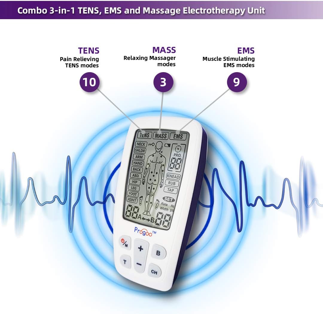 Progoo 2020 New Dual Channels TENS Unit 3 in 1 EMS Muscle Stimulator Pain Relief FDA Cleared Combo with 8 Tens Electrodes,Electric Pulse Massager Machine: Health & Personal Care