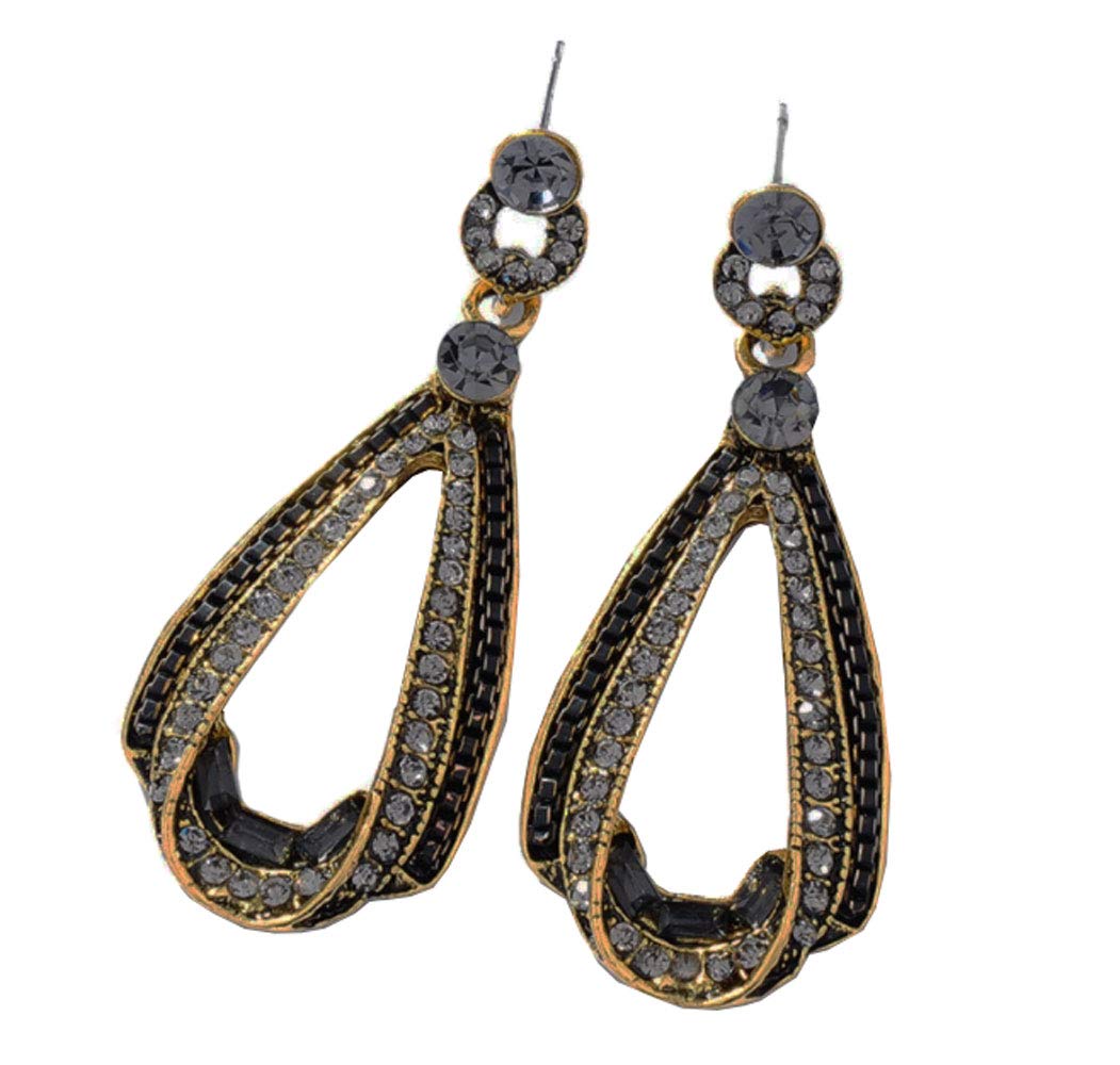 Antique Gold Bronze Tone Art Deco Vintage Gatsby Flapper Style Grey Onyx Jet Black Gray Rhinestone Dangle Earrings