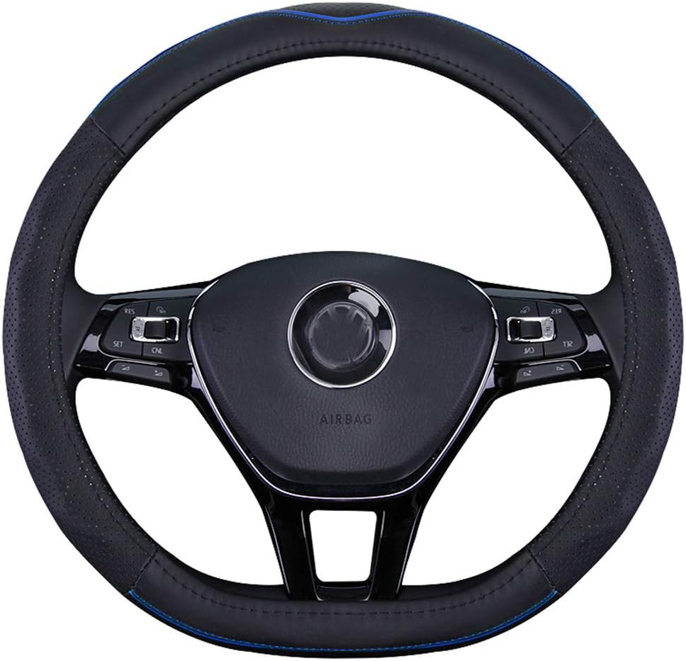 D Shaped Steering Wheel Cover,Cowhide Leather 3D Breathable Flat Bottom Shaped Steering Wheel Cover for Women Men 14.5In - 15In,Black,Blueline