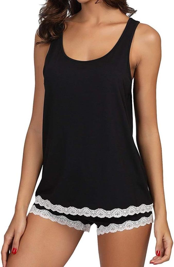 Womens Pajama Set Striped Sleeveless Sleepwear Sets Bamboo Tank and Shorts Set Black Blouse