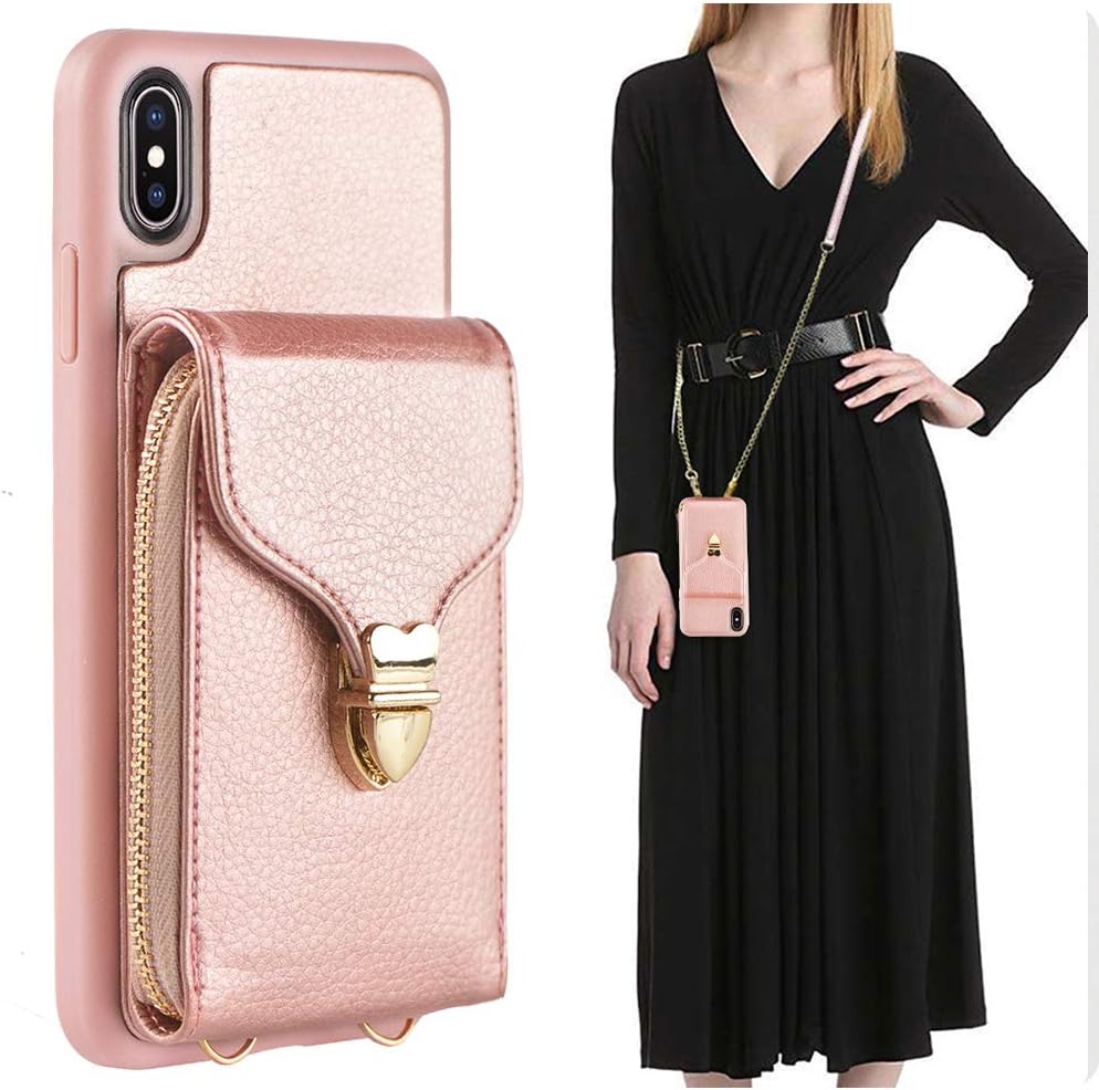 iPhone Xs Wallet Case, JLFCH iPhone Xs Zipper Leather Case with Card Slot Holder Closure Buckle iPhone Xs Crossbody Purse Handbag Wrist Strap Back Cover for Apple iPhone Xs/X 5.8 inch - Rose Gold