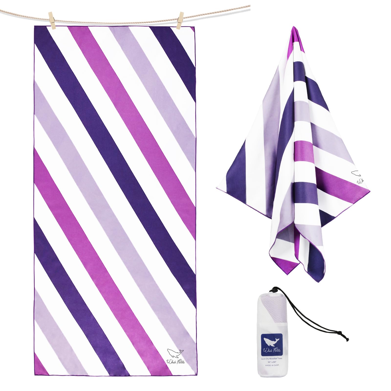 Whale Flotilla Microfiber Large Quick Dry Beach Towel, Sand Free Cooling Travel Camp Pool Towel Set, Extra Absorbent and Portable, Striped Purple, 76x152 CM