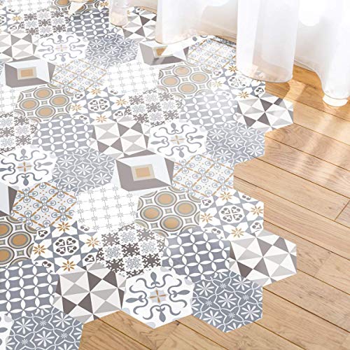 Ambiance Adhesive floor tiles azulejos cement with protective plastic laminate, hexagonal tiles, water resistant, 40 x 90 cm, 1 pieces