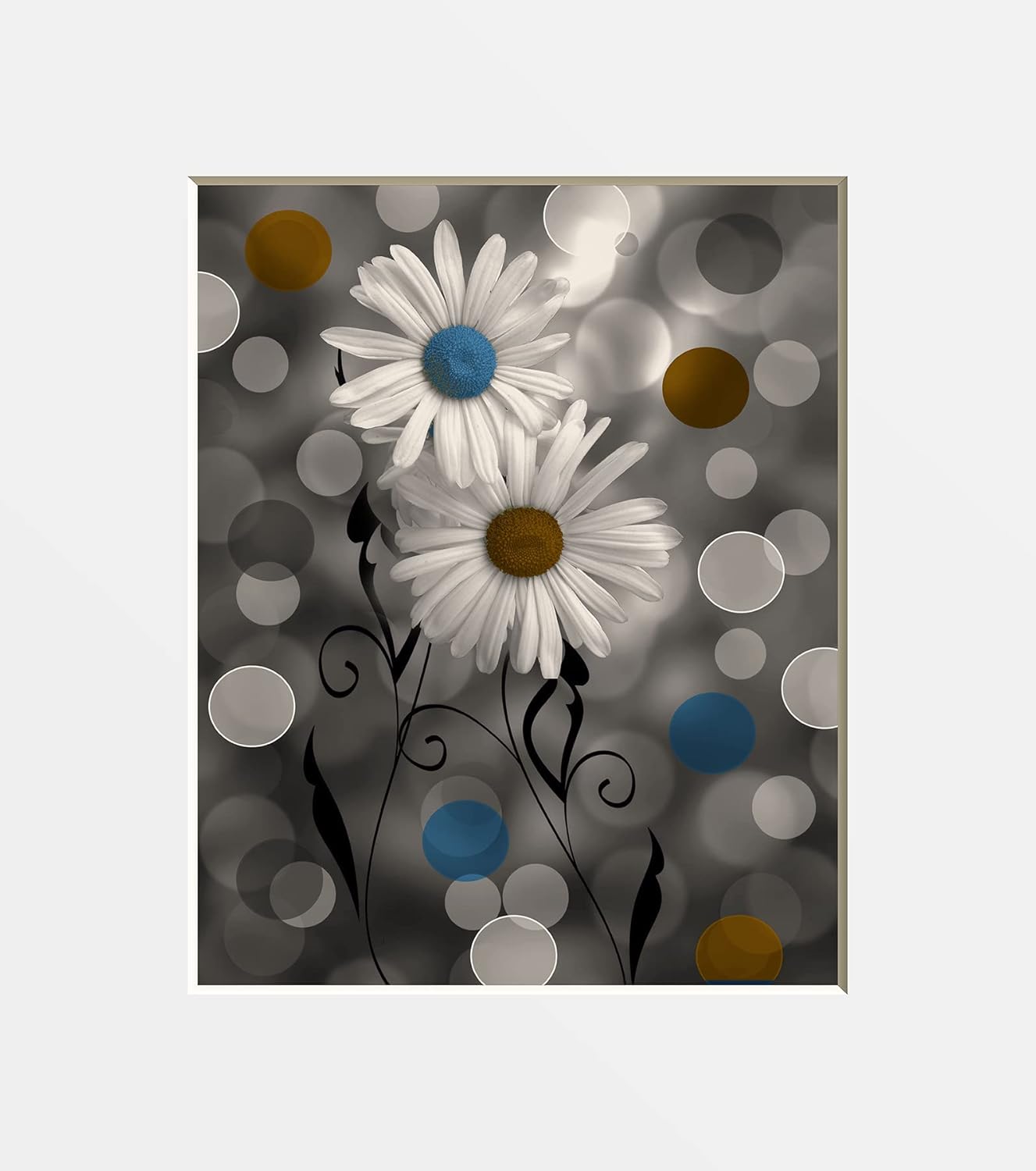 Photographs - Brown Blue Wall Decor, Daisy Flowers Modern Bedroom Bathroom Photography Art Matted Wall Picture