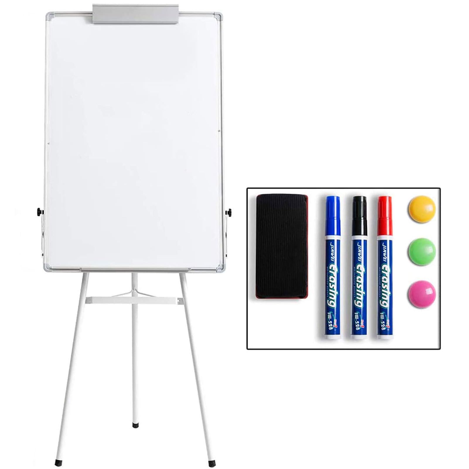 DOEWORKS Flip Chart Easel Whiteboard 90x60cm Tripod, Dry Erase Magnetic White Board Flipchart, Height Adjustable and Foldable Whiteboard for Home School Office, White