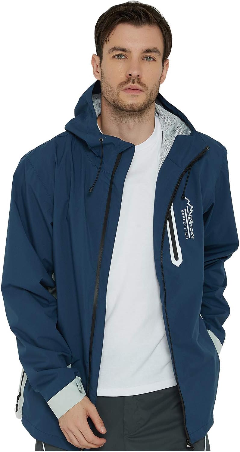 Arasiyama Men's Waterproof Rain Jacket Windbreaker Lightweight with 3 Zip Pockets Hooded Raincoat for Outdoor