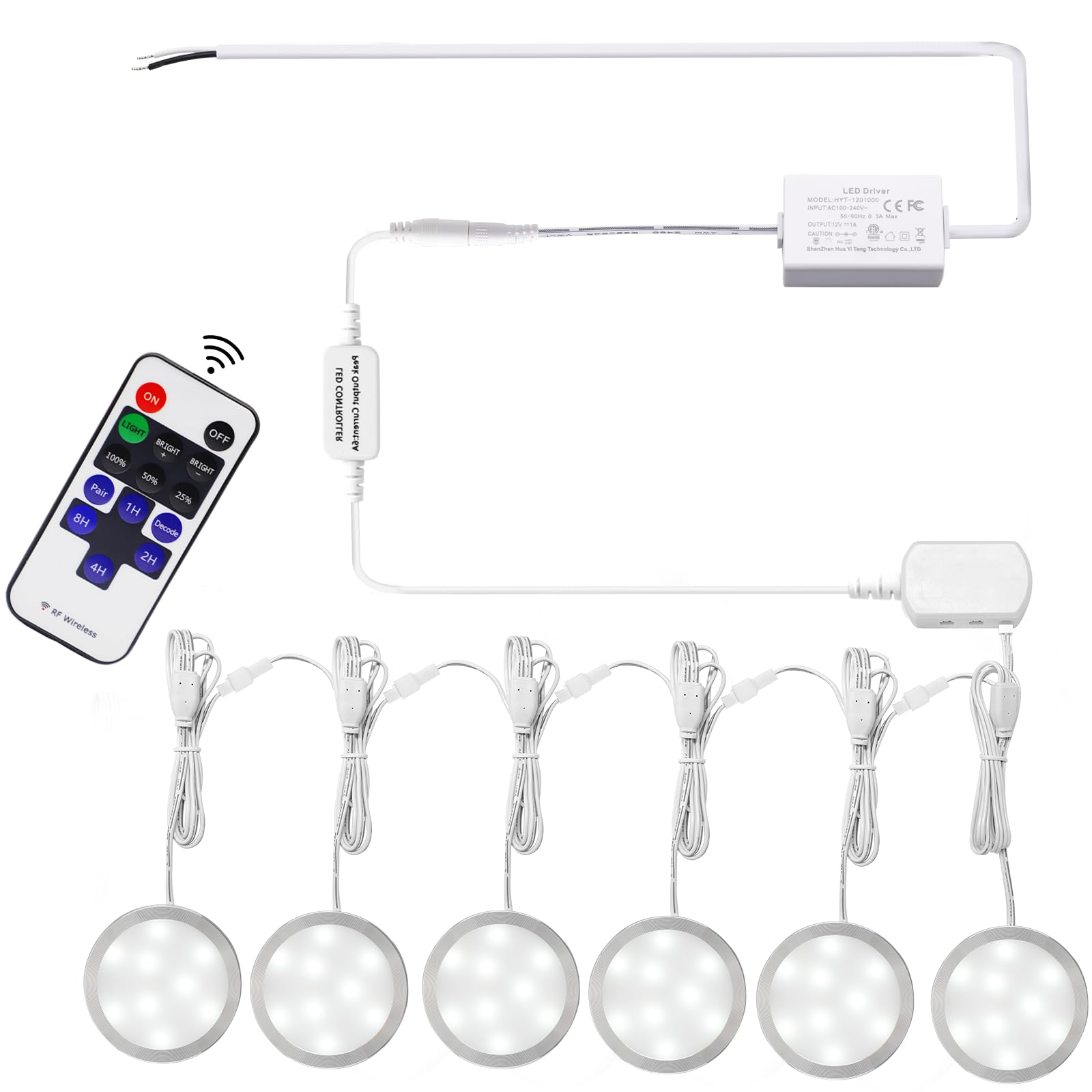 AIBOO Linkable Under Cabinet LED Lighting 12V Slim Aluminum Dimmable Puck Lights Direct Wired with RF Remote Control for Kitchen Lighting(6pack,Daylight White)