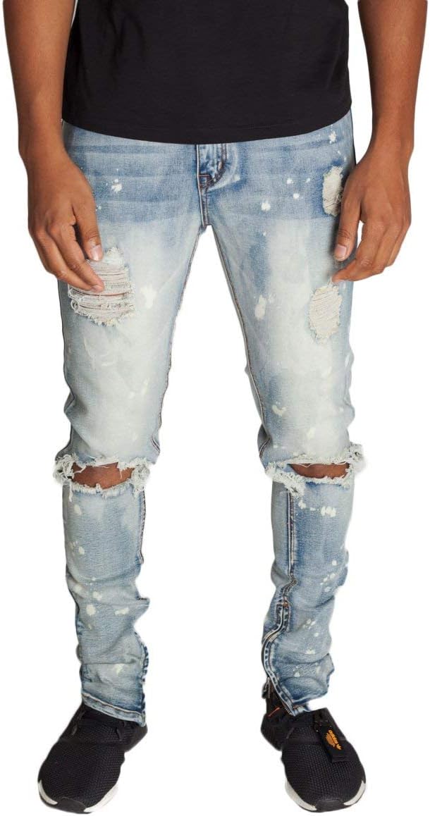 KDNK Men's Skinny Fit Stretch Denim Distressed Bleach Spot Wash Ankle Zip Jeans