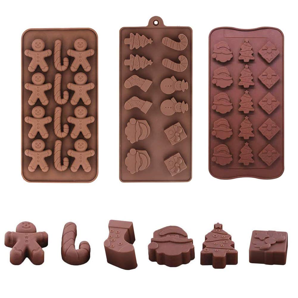 3 Pack Christmas Chocolate Mold Trays, Nonstick Silicone Chocolate Candy Baking Moulds for Xmas Party with Shapes of Christmas Tree, Snowflake, Snowman, Gingerbread Man, Santa Claus