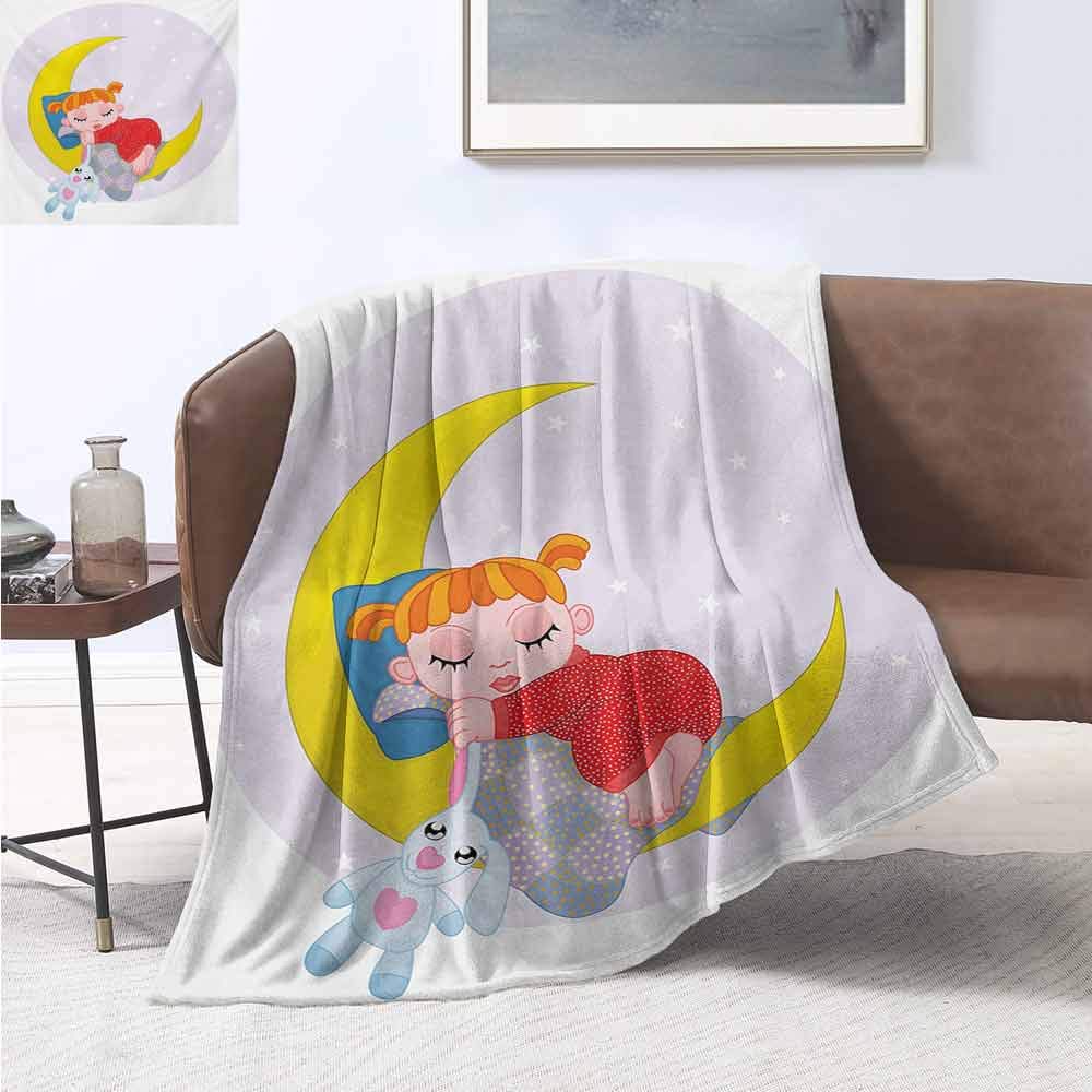 jecycleus Cartoon Bedding Microfiber Blanket Girl on Moon with Her Teddy Bear Sleeping Luna Night Dream Cartoon Artful Super Soft and Comfortable Luxury Bed Blanket W70 by L84 Inch Red Yellow Grey
