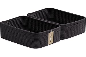 MiniArk Large Shallow Organizing Baskets 15x11x5.1 Inches - Rope Woven Storage Bins for Bathroom, Shelves, Cube Closet, Black 2 Packs